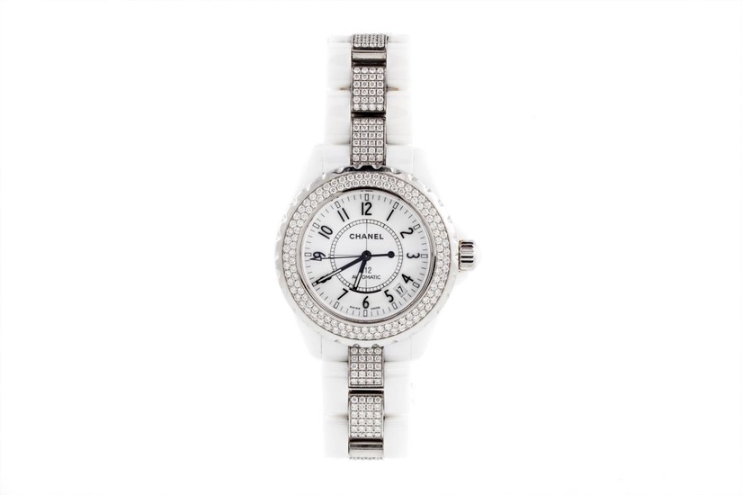 A LARGE MODEL CHANEL J12 WHITE CERAMIC WRIST WATCH, with dia...