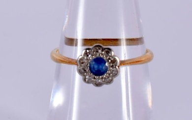 A LATE VICTORIAN/EDWARDIAN 18CT GOLD DIAMOND AND SAPPHIRE CLUSTER RING of delicate proportions. L. 1