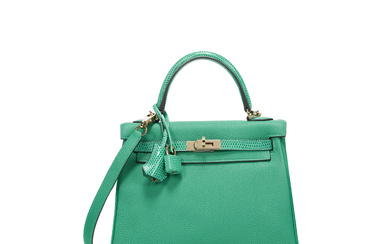 A LIMITED EDITION SHINY MENTHE NILOTICUS LIZARD & TOGO LEATHER RETOURNÉ TOUCH KELLY 25 WITH GOLD HARDWARE HERMÈS, 2021