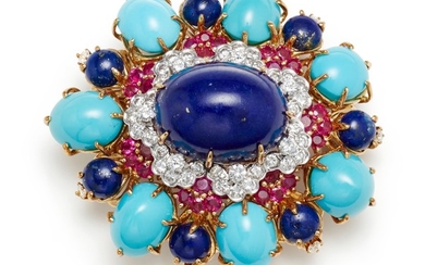 A Lapis Lazuli, Turquoise, Diamond, Ruby and Gold Brooch