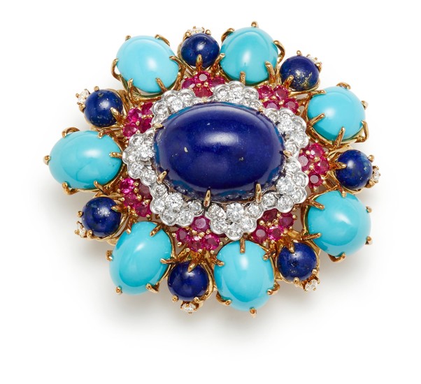 A Lapis Lazuli, Turquoise, Diamond, Ruby and Gold Brooch
