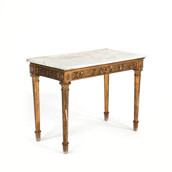 A Louis XVI style giltwood console with white marble top. Mid-19th century. H. 81 cm. W. 108 cm. D. 59 cm.