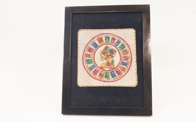 A Mayan style polychrome decorated suede panel, late 20th century, mounted in frame on easel support, 17 x 17cm