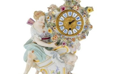 A Meissen Porcelain Figural Mantel Clock Height 16 x