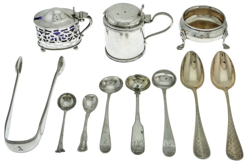 A Mixed Group of Silver Tableware All in hallmarked silver, including a salt cellar, two musta...