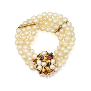 A Multi-Colored Gemstone and Four-Strand Cultured Pearl