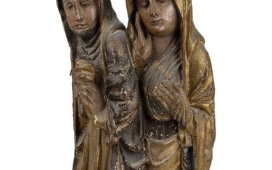 A North European polychrome and gilt carved oak group from The Lamentation, 18th century, one figure probably Mary Magdalene, on a later velvet covered plinth, 54cm high, 27cm wide, 11cm deep Provenance: The Geoffrey and Fay Elliot collection.