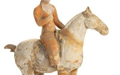 A PAINTED CERAMIC FUNERARY MODEL OF A HORSE AND RAIDER