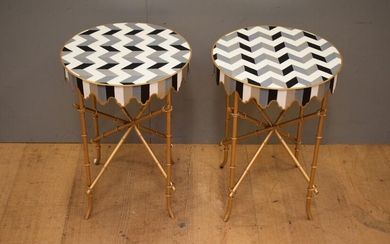 A PAIR OF BAMBOO EFFECT SIDE TABLES WITH STRIPED PAINTED TOP (56H X 40D CM)