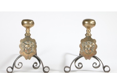 A PAIR OF BRASS AND IRON ANDIRONS/FIRE-DOGS, FLEMISH, CIRCA ...