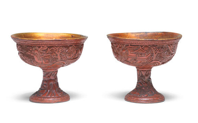 A PAIR OF CINNABAR LACQUER CARVED STEM CUPS