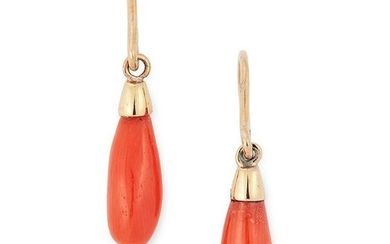A PAIR OF CORAL DROP EARRINGS each set with polished