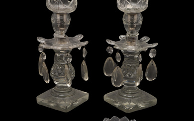 A PAIR OF CUT GLASS TABLE LUSTRES, AND TWO CUT GLASS SALT CELLARS.