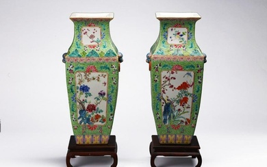 A PAIR OF FAMILLE ROSE GREEN GROUND 'BIRD & FLOWERS' VASES