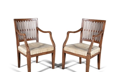 A PAIR OF GEORGE III MAHOGANY OPEN ARMCHAIRS, LATE 18TH CENT...
