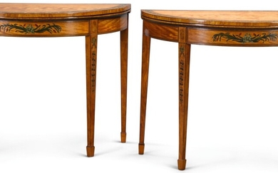 A PAIR OF GEORGE III PAINTED SATINWOOD DEMI-LUNE CARD TABLES, CIRCA 1790, ATTRIBUTED TO SEDDON, SONS & SHACKLETON