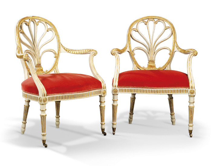 A PAIR OF GEORGE III WHITE-PAINTED AND PARCEL-GILT OPEN ARMCHAIRS, ATTRIBUTED TO GILLOWS, CIRCA 1785