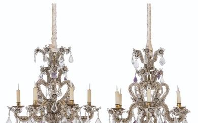 A PAIR OF ITALIAN ROCK CRYSTAL, CUT-GLASS, AMETHYST AND GILT-METAL SIX-LIGHT CHANDELIERS