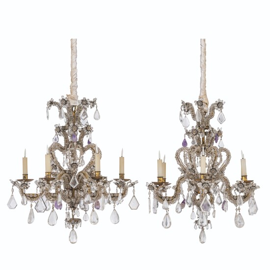 A PAIR OF ITALIAN ROCK CRYSTAL, CUT-GLASS, AMETHYST AND GILT-METAL SIX-LIGHT CHANDELIERS