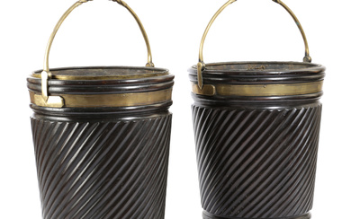 A PAIR OF MAHOGANY AND BRASS MOUNTED PEAT BUCKETS
