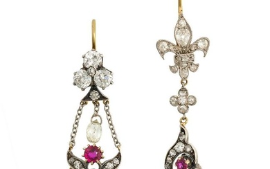 A PAIR OF RUBY, SAPPHIRE AND DIAMOND DROP EARRINGS in yellow gold and silver, the earrings each in a