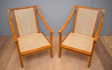 A PAIR OF TEAK AND RATTAN ACCENT CHAIRS (83H x 62W x 81D CM) (LEONARD JOEL DELIVERY SIZE: LARGE)