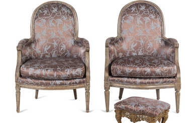 A Pair of Louis XVI Gray-Painted Bergères and a Gilt Iron Foot Stool