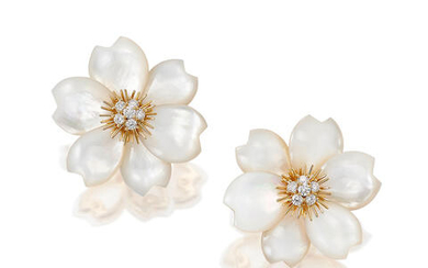 A Pair of Mother-of-Pearl and Diamond 'Rose de Noël' Earrings,, by Van Cleef & Arpels