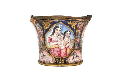 A QAJAR POLYCHROME-PAINTED ENAMELLED COPPER QALYAN CUP WITH MOTHER AND CHILD PORTRAITS Iran, 19th century