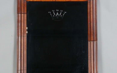 A Queen Anne walnut cushion section frame, inset with a later tinted-glass mirror etched with a coro