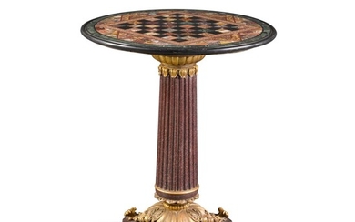 A Regency parcel-gilt and faux porphyry occasional table with an Italian specimen marble table, first half 19th century