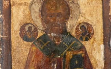A Russian icon depicting St. Nicholas. Tempera on wood with “kovcheg”. 18th century. 31×28 cm.