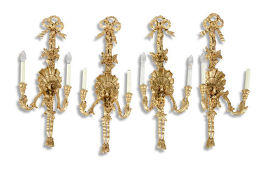 A SET OF FOUR GEORGIAN STYLE GILTWOOD TWO-LIGHT...
