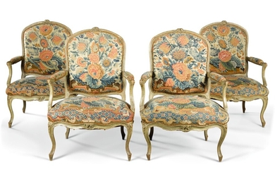 A SET OF FOUR LOUIS XV CARVED AND GREEN PAINTED FAUTEUILS À LA REINE, BY JEAN-BAPTISTE LELARGE CIRCA 1760