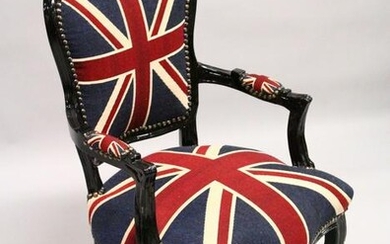 A SMALL EBONISED FRAMED FRENCH STYLE ARMCHAIR