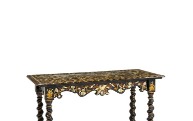 A SOUTH EUROPEAN BLACK AND GILT-JAPANNED, MOTHER-OF-PEARL-INLAID AND EBONIZED CENTER TABLE THE TOP LATE 17TH/EARLY 18TH CENTURY, THE BASE 19TH CENTURY