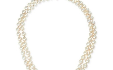 A TWO ROW PEARL AND DIAMOND NECKLACE comprising two rows of cultured pearls ranging from