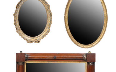 A VICTORIAN ROSEWOOD OVERMANTEL MIRROR AND TWO GILT FRAMED MIRRORS (3).