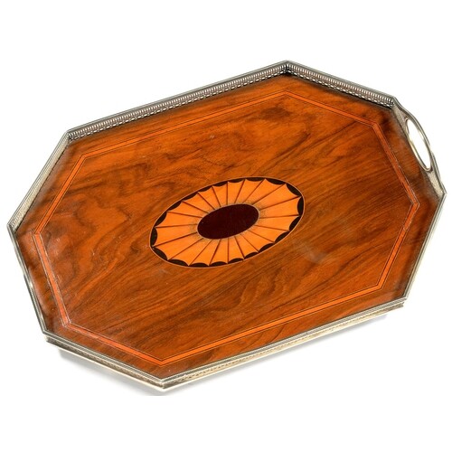 A VICTORIAN SILVER MOUNTED WALNUT TEA TRAY, THE CENTRE WITH ...