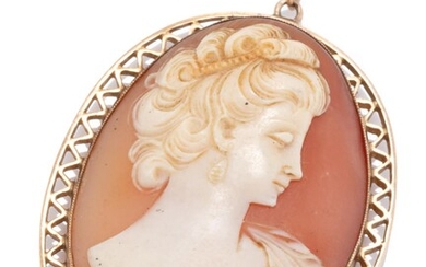 A VINTAGE 9CT GOLD CAMEO PENDANT; oval shell cameo featuring a portrait of a lady to decorative frame, size 49 x 32mm, wt. 9.16g.