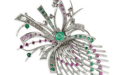 A VINTAGE RUBY, EMERALD AND DIAMOND BROOCH, 1960S