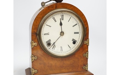 A Victorian walnut and brass mounted mantel clock, 26cm high...