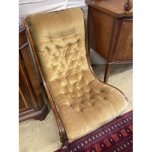 A Victorian walnut buttoned nursing chair, width 58cm, depth...
