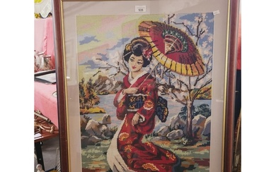 A beautiful large framed needlepoint of an Asian lady. 64cm ...