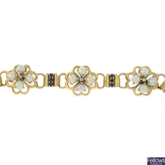 A cultured pearl, single-cut diamond and sapphire bracelet.