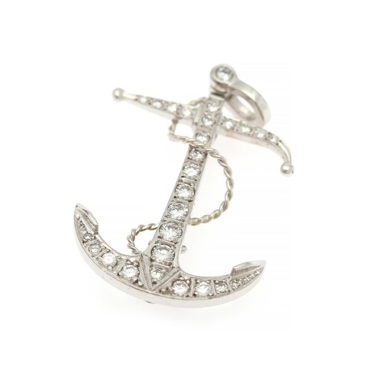 A diamond brooch/pendant in the shape of an anchor set with numerous brilliant-cut diamonds weighing a total of app. 0.85 ct., mounted in 18k white gold.