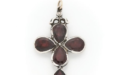 A foil-back garnet and diamond cross pendant.