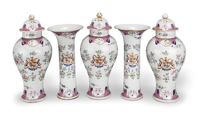 A garniture of five Samson porcelain armorial vases