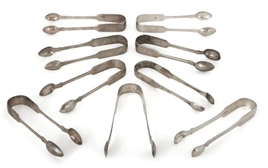 A group of Victorian silver sugar tongs, including four Exeter: c.1875 and 1879 Josiah Williams & Co.; c.1871, Thomas Hart Stone; c.1855, John Stone, each with monogram detail to arch, together with a further five pairs of Victorian silver tongs...
