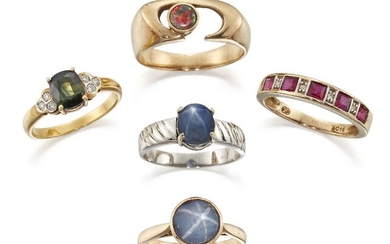 A group of diamond and gem rings, comprising: a claw-set star sapphire single stone ring with ridged shoulders; a collet-set star sapphire single stone ring; a claw-set oval green sapphire ring with diamond three stone shoulders; a collet-set...